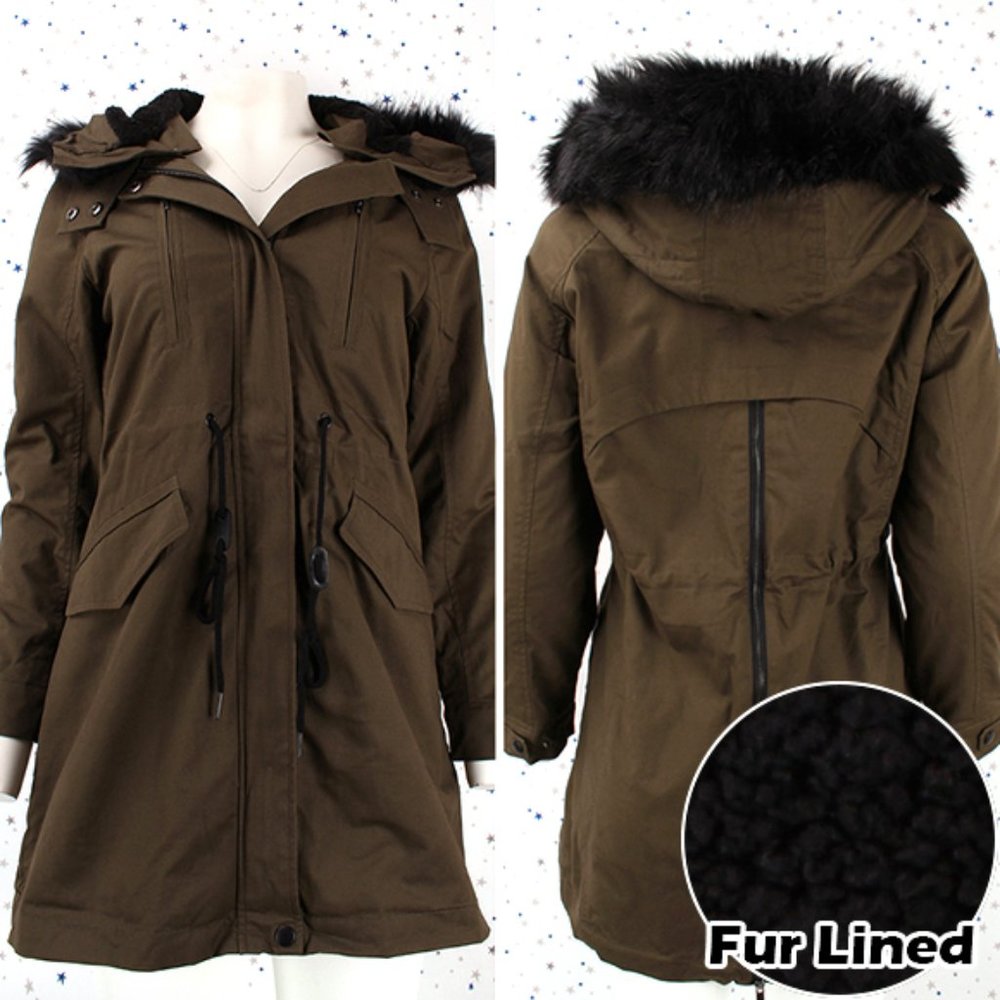 Olive Long Utility Jacket Removable Hoodie Black Fur Lined